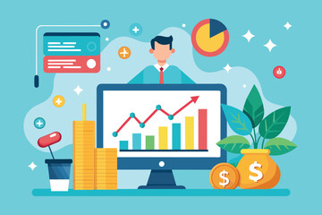 Poster - a man is focused on analyzing stock market data displayed on a computer screen, stock market analysi