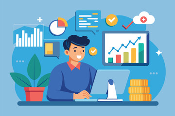 Canvas Print - A man in business attire sitting at a desk, focused on a laptop screen showing stock market data, Stock market analyst data trending, Simple and minimalist flat Vector Illustration