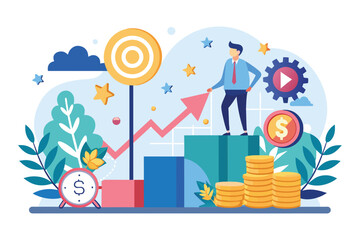 Canvas Print - A man stands on a tall heap of coins, showcasing financial success and wealth, Strategy to increase business income, Simple and minimalist flat Vector Illustration