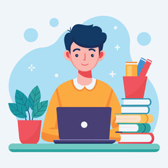 Poster - A man sitting in front of a laptop computer, focusing on e-learning and studying online, Student learning via laptop, e-learning, Simple and minimalist flat Vector Illustration