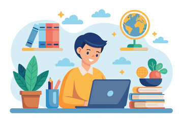 Poster - A man sitting at a desk focusing on his laptop, engaged in e-learning or online work, Student learning via laptop, e-learning, Simple and minimalist flat Vector Illustration