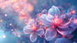 an abstract scene with glowing, pink and white flower-like shapes set against a soft blue and purple background