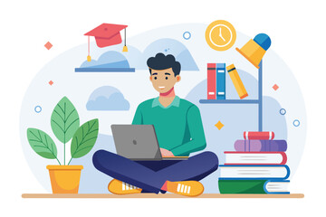 Poster - a man seated on the ground, working on a laptop computer, study for success trending, simple and min