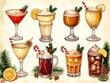 A set of holiday drinks with a festive theme. The drinks include a martini, a margarita, a hot chocolate, a cappuccino, a mimosa, a mojito, a margarita, a martini