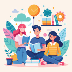 Poster - A group of individuals sitting on the floor, engrossed in reading various books together, Studying together is fun trending, Simple and minimalist flat Vector Illustration