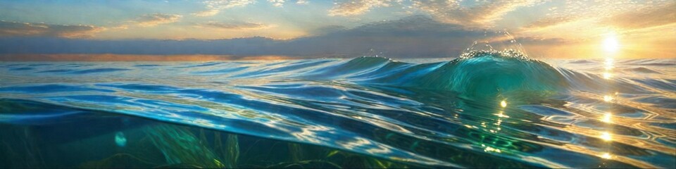 Wall Mural - Abstract colorful illustration of splashing waves on river on midsummer sunset background, background for social media banner design, website, space for text	