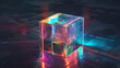 a transparent cube placed on a dark surface. The cube is illuminated, causing light to refract and create colorful spectrums along its edges and corners