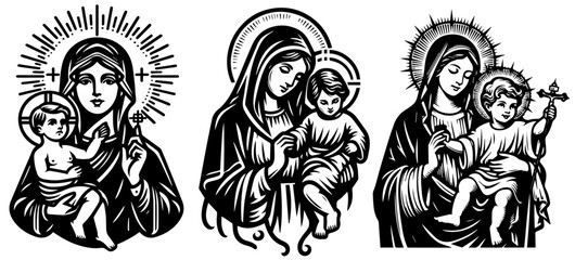 Wall Mural - Our Lady Virgin Mary, vector silhouette cutting cnc svg, engraving, decorative religious icon, clipart black shape