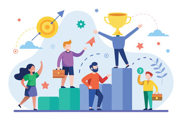 Sticker - A group of individuals standing on the highest points of a bar chart, symbolizing success and collaboration in business, Success together trending, Simple and minimalist flat Vector Illustration