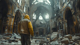 Engineer in a yellow jacket observing a damaged historical church interior.
