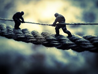 Two men are pulling a rope, one of them is wearing a camouflage jacket