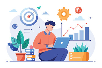 Poster - a man seated on the floor, working on growth data analysis using a laptop, target working on growth 
