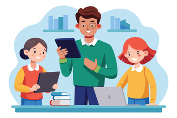 Poster - A man stands next to two girls while another man holds a tablet, possibly teaching or demonstrating something, Teachers use tablets to teach students, Simple and minimalist flat Vector Illustration