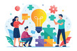 © Iftikhar alam - People standing around a light bulb, engaging in discussion and brainstorming ideas, Teamwork connecting light bulb puzzle, finding ideas solving business problems flat illustration