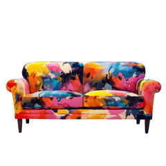 Wall Mural - Front view of a vibrant fabric sofa with colorful hues set against a transparent background