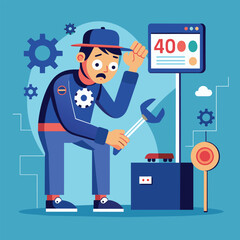 Poster - a man in work attire using a wrench to fix a machine in a workshop, technician fixing error 404, no 
