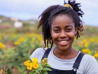 Sticker - A young girl with curly hair is smiling and holding a bunch of yellow flowers. Concept of happiness and joy, as the girl appears to be enjoying the beauty of the flowers and the outdoors