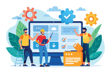 Poster - group of people analyzing data on computer screen, technicians fix errors on the website, simple and