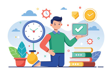 Poster - a man holding a digital tablet displaying a clock, the concept of character and time management, sim