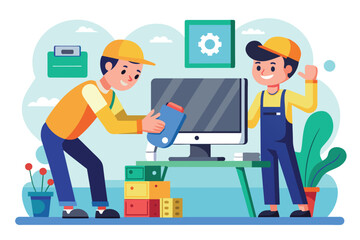 Poster - Two men are focused on repairing a computer screen in a workplace setting, The customer repairs the computer screen to a repairman, Simple and minimalist flat Vector Illustration