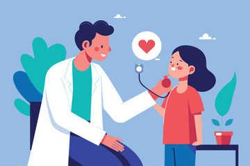 Wall Mural - A doctor is using a stethoscope to examine the heart of a young girl in a medical setting, The doctor checks the patient heart health, Simple and minimalist flat Vector Illustration