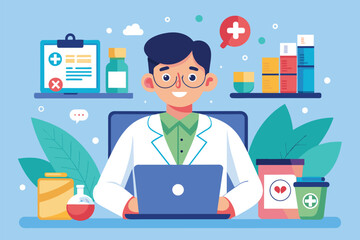 Poster - a man is sitting in front of a laptop computer, consulting online about medicines, the doctor is con