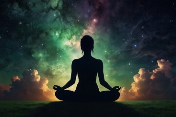 Silhouette human lotus position, meditation space galaxy cloud nebula, cosmos background wallpaper