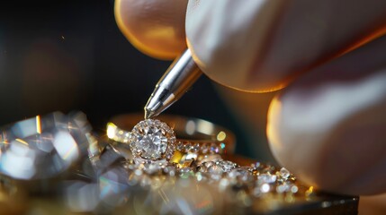 close-up of a jeweler carefully inspecting a sparkling diamond ring set in gleaming gold, highlighting the exquisite detail and craftsmanship of fine jewelry.