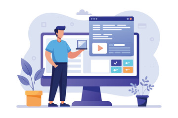 Poster - a man standing in front of a management website page displayed on a large monitor, the man shows the