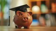 piggy bank with a graduation cap, illustrating the importance of starting early and investing in education as a pathway to financial security and success.
