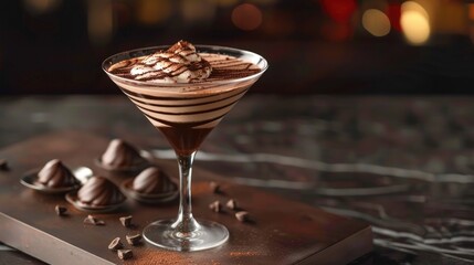 Decadent Chocolate Mousse Martini. An elegant martini glass filled with silky chocolate mousse, swirled with a rich chocolate design, poised to indulge the most refined dessert cravings