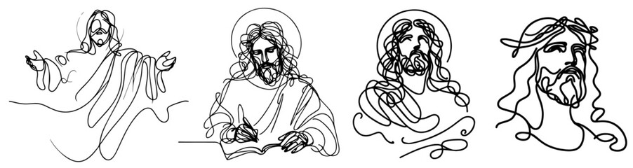 Canvas Print - Jesus doodle style nocolor vector christian religious illustration silhouette for laser cutting cnc, engraving, black shape decoration icon	
