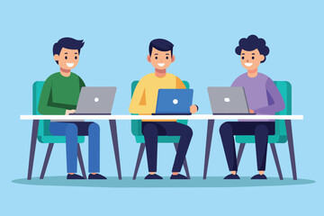 Wall Mural - Three men are seated at a table, each working on their laptop, Three men sitting at table with laptops, Simple and minimalist flat Vector Illustration