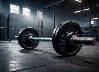 Barbell on the floor of an empty gym