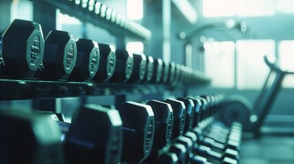 Poster - Gym interior background of dumbbells on rack in fitness and workout room