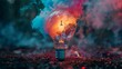Colorful Smoke Surrounds a glowing light bulb with brightly dynamic colored smoke. 