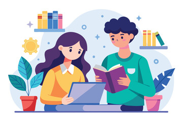 Poster - A man and a woman are focused on a book in their hands, engrossed in studying together, Time to study together trending, Simple and minimalist flat Vector Illustration