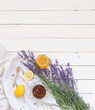 Honey and lavender bouquets. Virus treatment concept. Black tea on a wooden table.