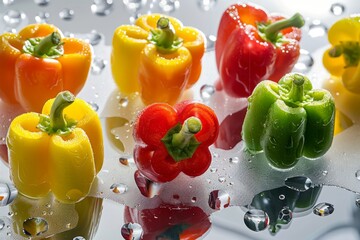Wall Mural - Colorful peppers floating in water, a natural food ingredient
