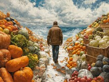 A Man Walks Through A Market With A Variety Of Fruits And Vegetables. The Scene Is Filled With Bright Colors And A Sense Of Abundance. The Man Is Enjoying His Time As He Strolls Through The Market