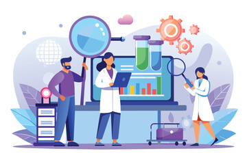 Poster - Group of people standing around, observing scientists analyzing data in the science lab, Tiny people researcher analyzing data in the lab, Simple and minimalist flat Vector Illustration