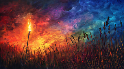 Wall Mural - 
This captivating artwork depicts a lit torch amidst tall grass, set against a colorful sky during either dawn or dusk