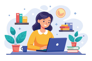 Poster - A woman is seated at a desk, using a laptop for online learning or work, Tiny woman learning online lesson via laptop, Simple and minimalist flat Vector Illustration