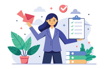 Poster - female holding paper aircraft and checking off tasks on a list, symbolizing organization and product