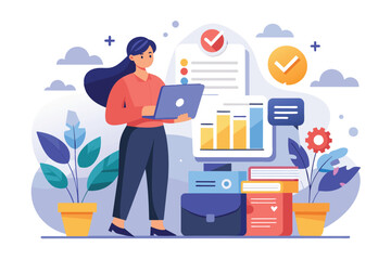 Poster - a woman standing near a laptop, possibly working or managing business finances, tiny woman stores bu