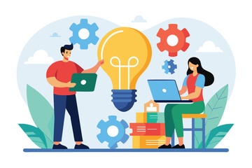 Poster - Man and Woman Working on Laptops in Front of Light Bulb, Together looking for business solutions via online, jigsaw bulb, Simple and minimalist flat Vector Illustration