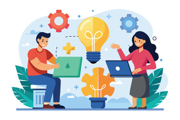 Poster - Man and Woman Working on Laptops, Together looking for business solutions via online, jigsaw bulb, Simple and minimalist flat Vector Illustration
