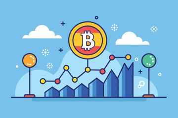 Poster - Bitcoin resting on top of a graph representing fluctuations in value, Trading bitcoins trending, Simple and minimalist flat Vector Illustration