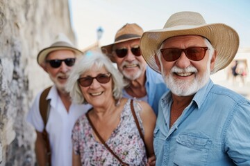 Group of senior friends having fun on vacation in the old city.