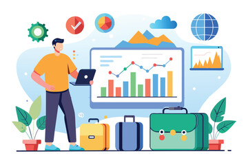 Poster - a man stands in front of a large screen, presenting data for a business presentation, travel busines